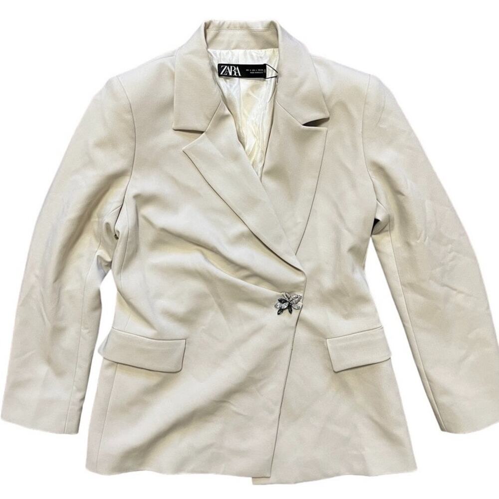 NWT ZARA Jeweled Brooch Asymmetric Snap Formal Blazer in Champagne SZ M